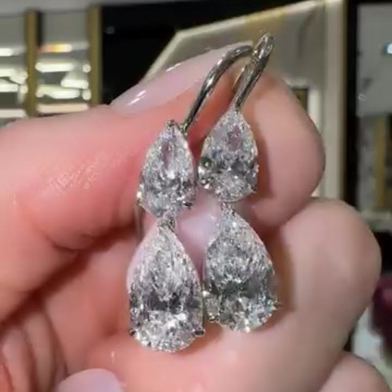 Jzora handmade exquisite pear-cut double-drop sterling silver earrings