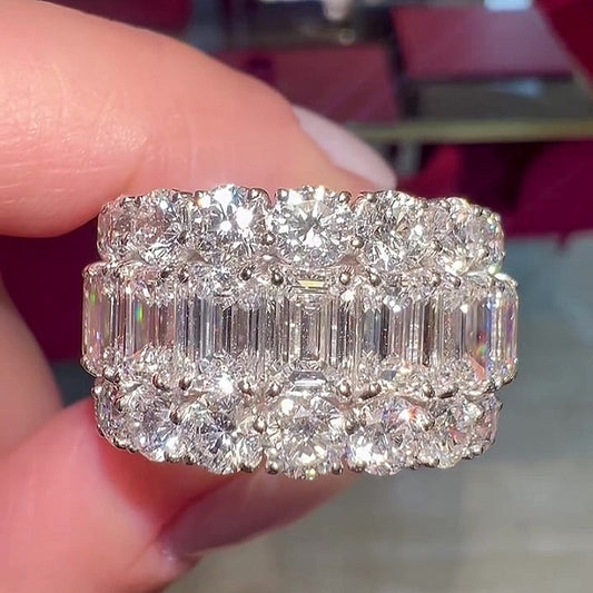 Jzora handmade luxury emerald & round cut double row full eternity women's wide band ring