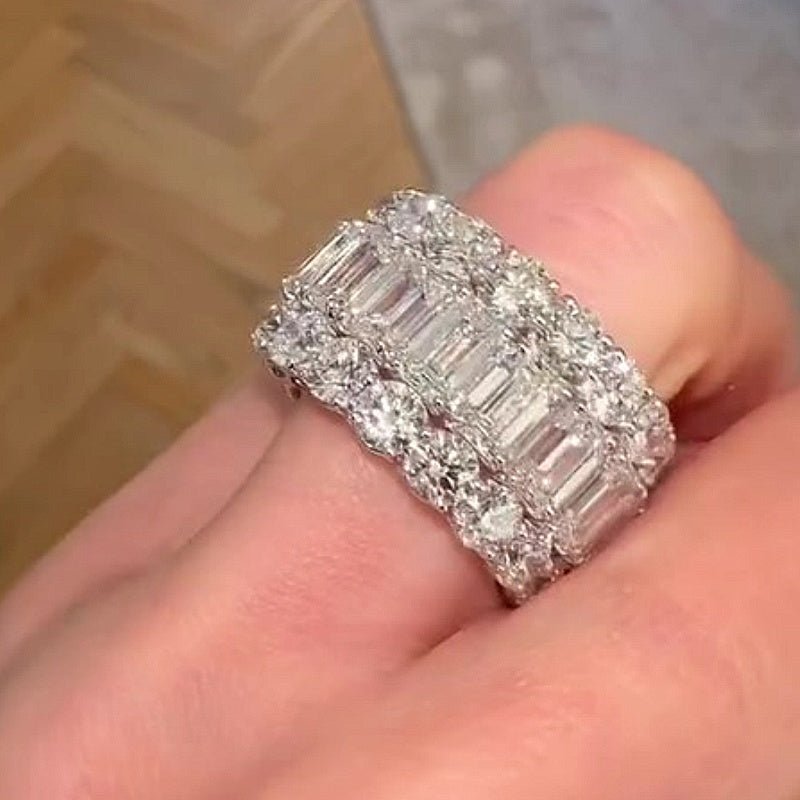 Jzora handmade luxury emerald & round cut double row full eternity women's wide band ring