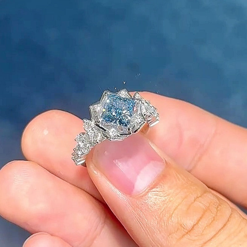 Jzora handmade sparkling aqua blue & white stone floral halo sterling silver ring