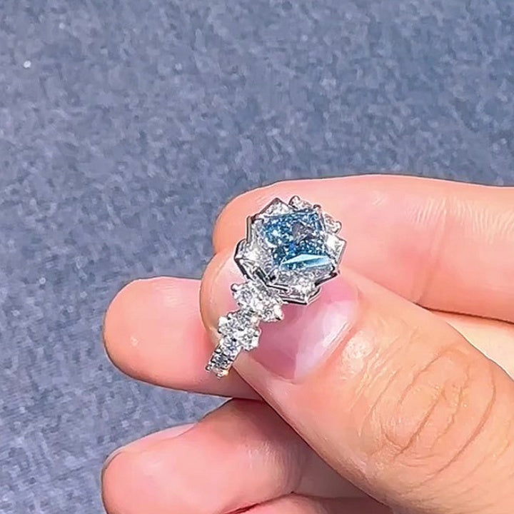 Jzora handmade sparkling aqua blue & white stone floral halo sterling silver ring