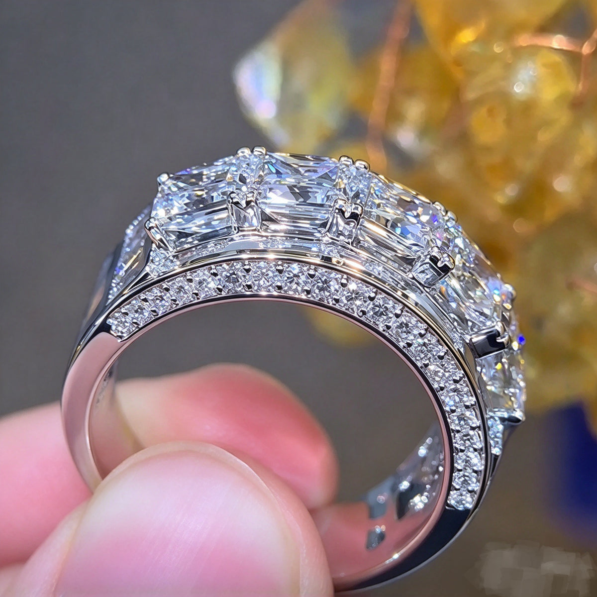 Jzora Handmade Princess Cut and Baguette Multi-Stone Men's Wide Band Ring