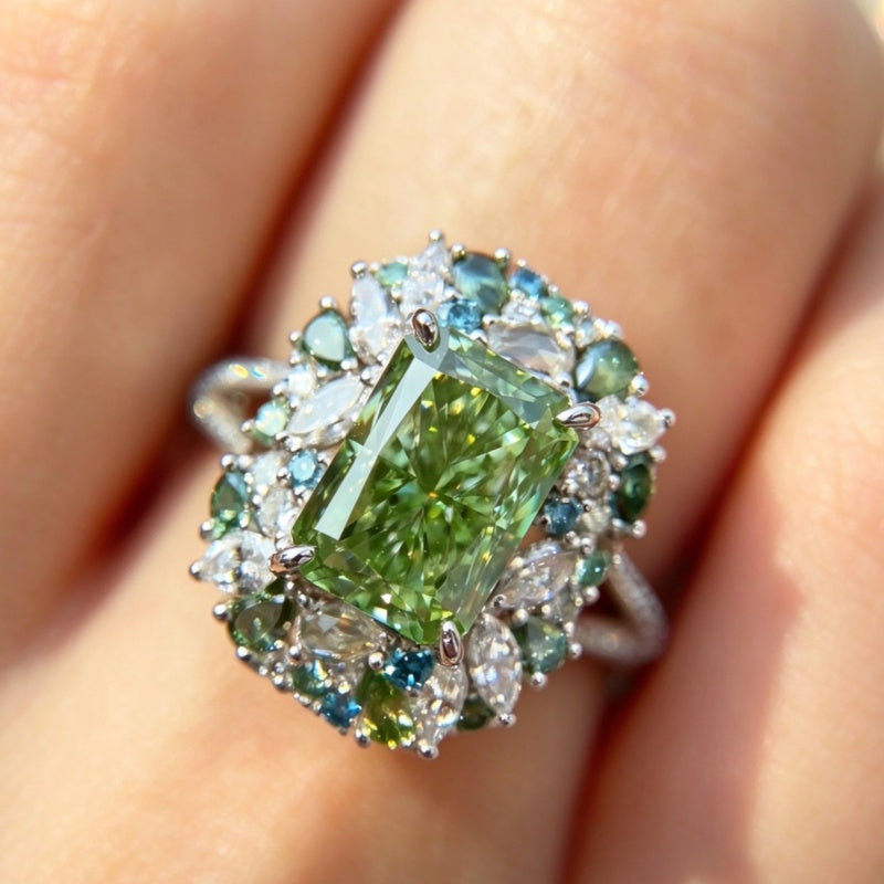 Jzora Handmade 3CT L-Green Radiant Cut Blue-Green Floral Halo Ring