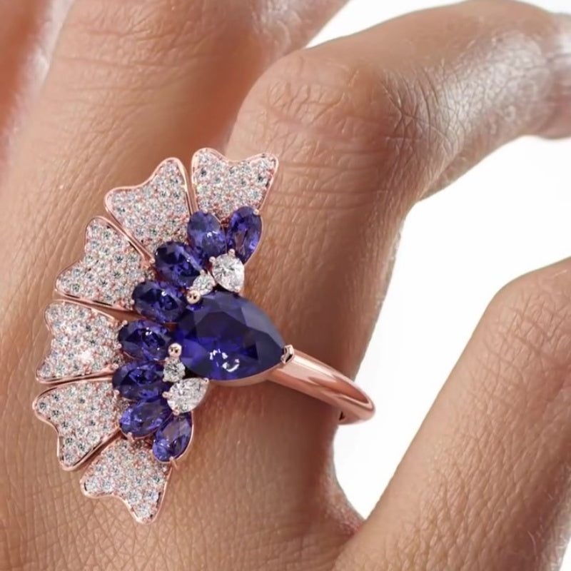 Jzora handmade peacock-inspired fan-like fantasy sterling silver cocktail ring