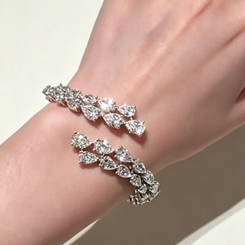 Jzora Handmade Romantic Leaf Pear CZ Intertwined Women’s Tennis Bracelet