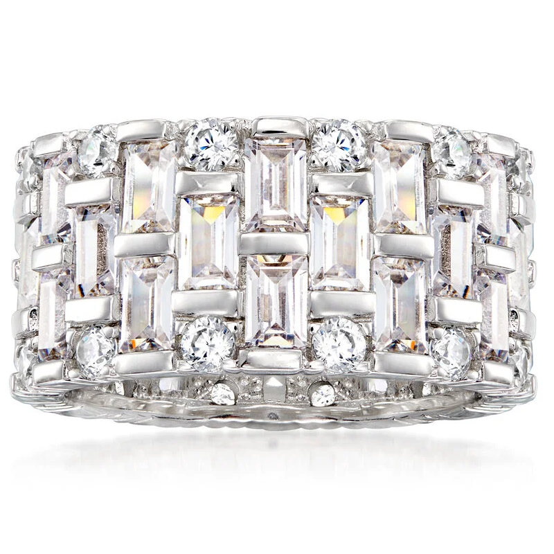 Jzora handmade 5.50ct emerald & round CZ eternity sterling silver women's band ring