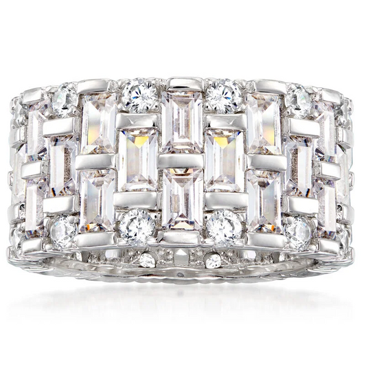 Jzora handmade 5.50ct emerald & round CZ eternity sterling silver women's band ring