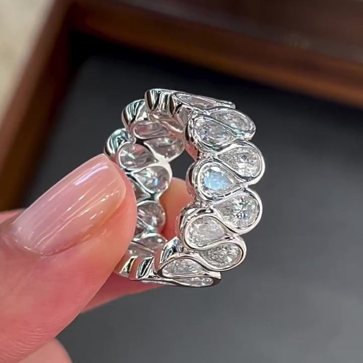 Jzora handmade pear cut sparkling wide band sterling silver ring