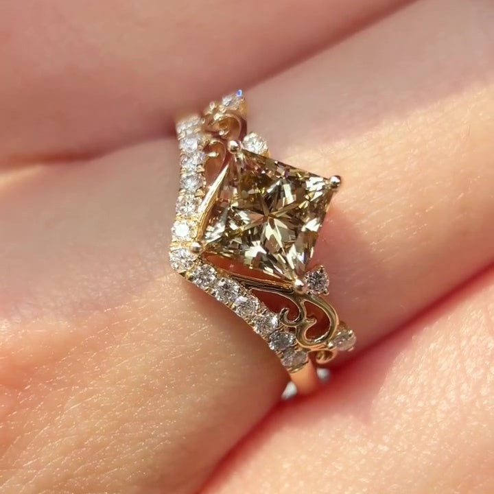 Jzora Handmade Brown Princess Cut Exquisite Filigree Ring