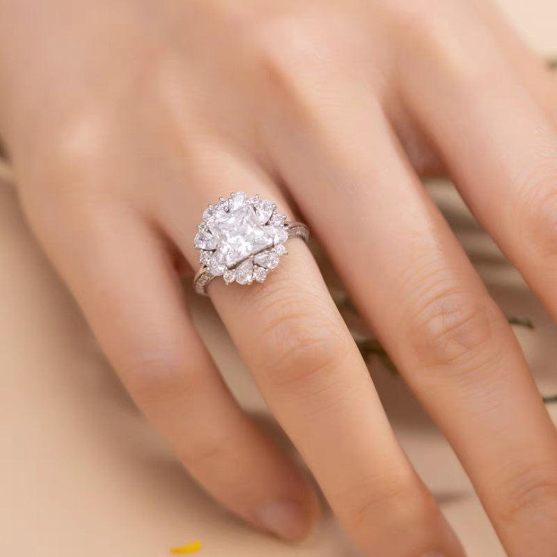 Jzora handmade 2ct princess cut moissanite floral-inspired halo sterling silver ring