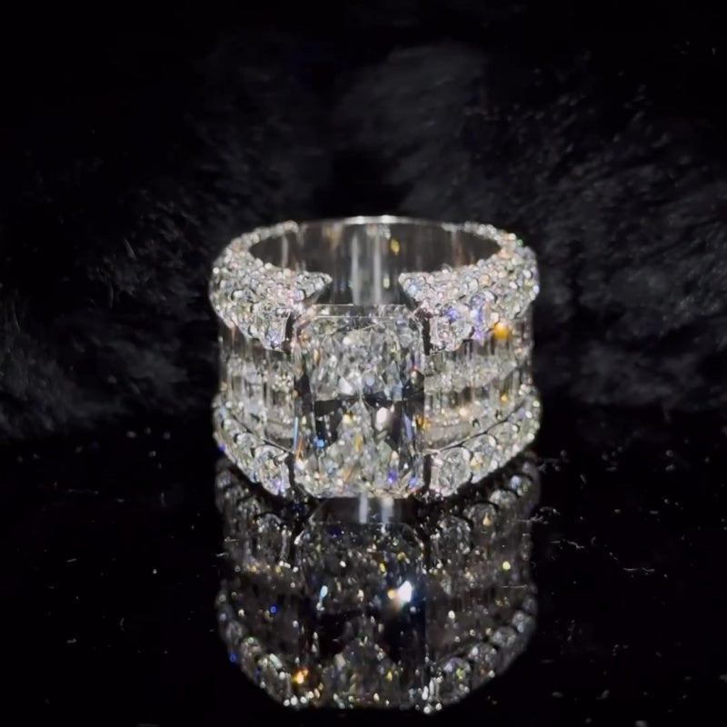 Jzora handmade dazzling glam empire radiant cut iced out wide band ring
