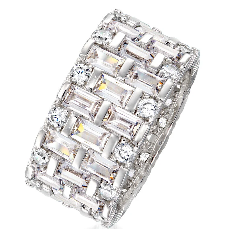 Jzora handmade 5.50ct emerald & round CZ eternity sterling silver women's band ring