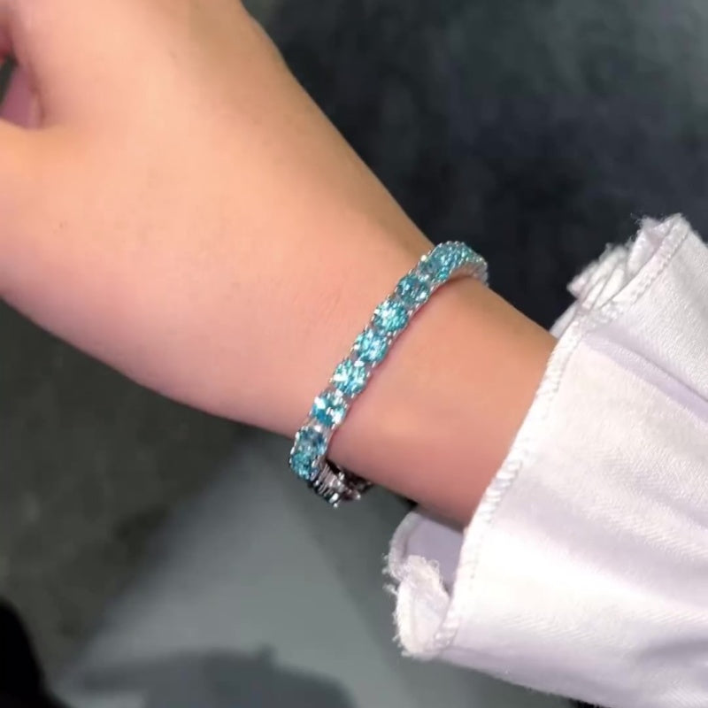 Jzora handmade aqua blue round cut chic tennis sterling silver bracelet