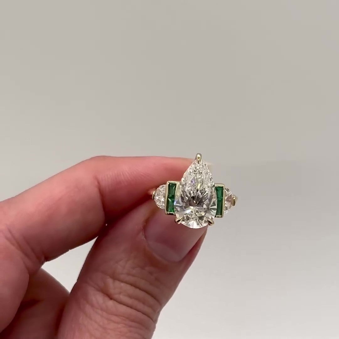 Jzora handmade gold-color pear cut with emerald accents sterling silver ring