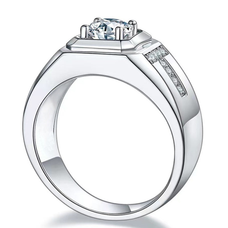 Jzora handmade 2ct round cut moissanite bold classic T initial design sterling silver men's band
