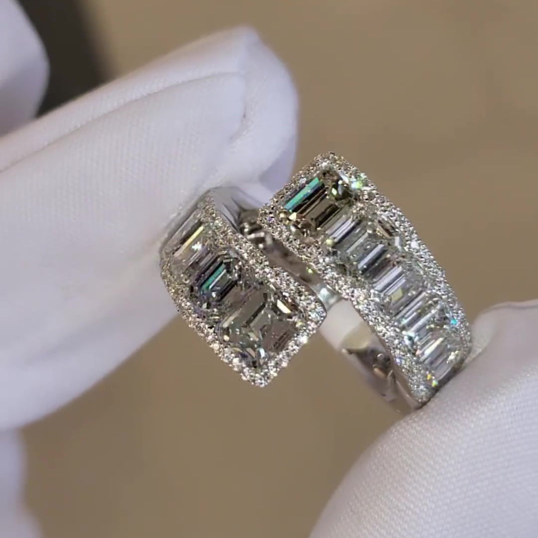 Jzora handmade modern emerald cut halo sterling silver ring