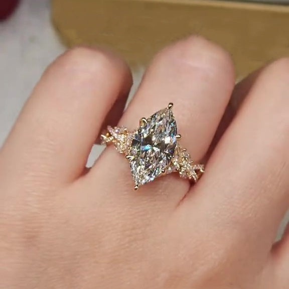 Jzora handmade gold-color 4ct marquise cut Luxury sterling silver ring