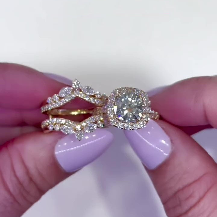 Jzora handmade 2ct gold-color round cut halo sterling silver ring set