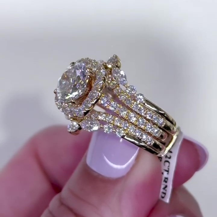 Jzora handmade 2ct gold-color round cut halo sterling silver ring set