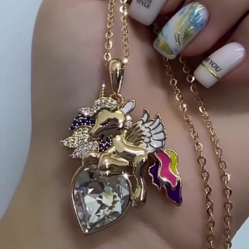 Jzora handmade heart cut rainbow unicorn sterling silver necklace