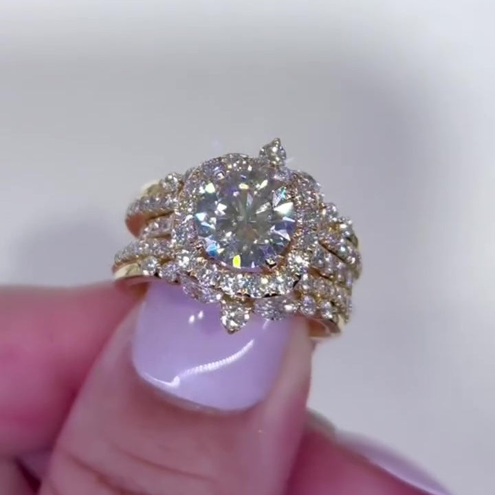 Jzora handmade 2ct gold-color round cut halo sterling silver ring set