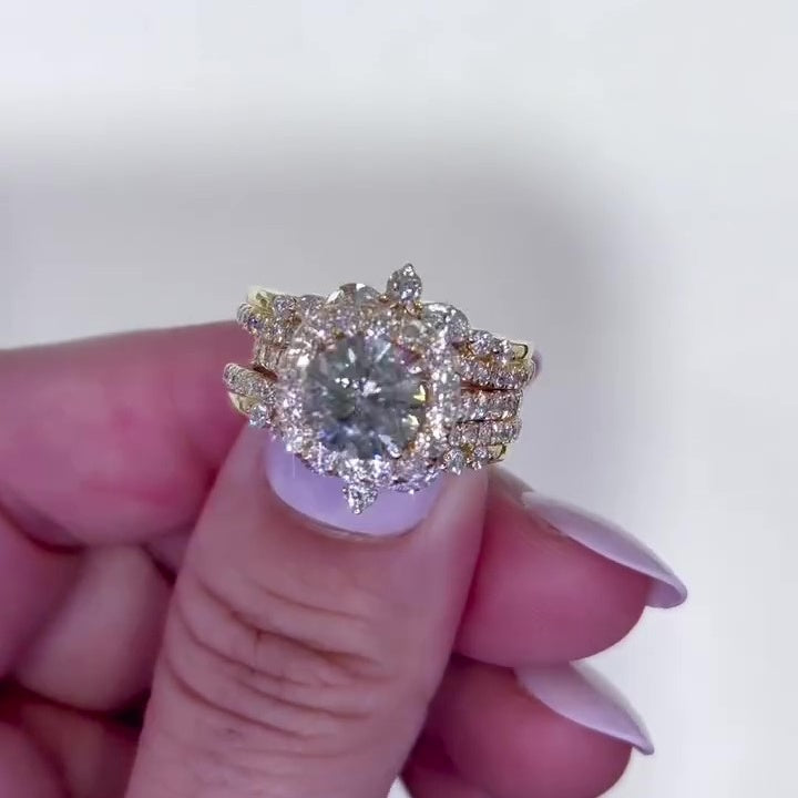 Jzora handmade 2ct gold-color round cut halo sterling silver ring set