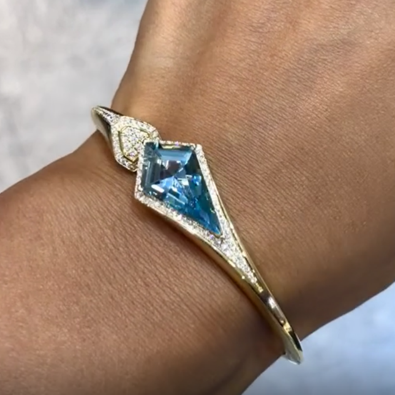 Jzora Handmade Asymmetric Shield-Cut Aqua Blue Open Cuff Bracelet