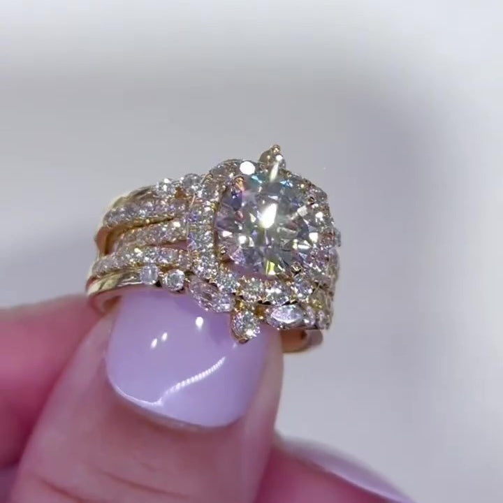 Jzora handmade 2ct gold-color round cut halo sterling silver ring set