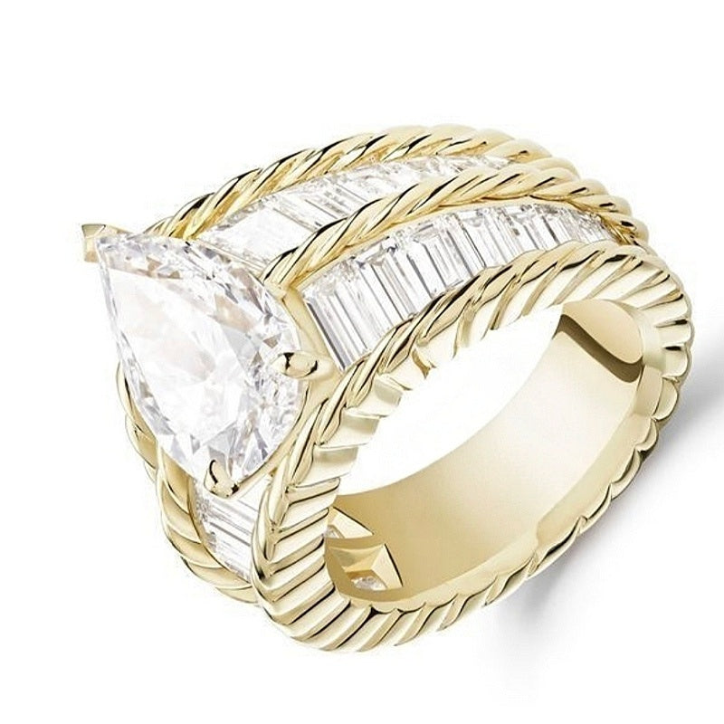 Jzora handmade classic pear-shaped textured gold frame sterling silver ring