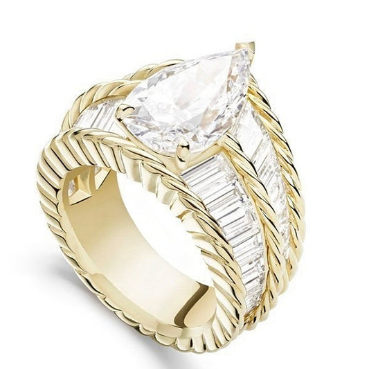 Jzora handmade classic pear-shaped textured gold frame sterling silver ring