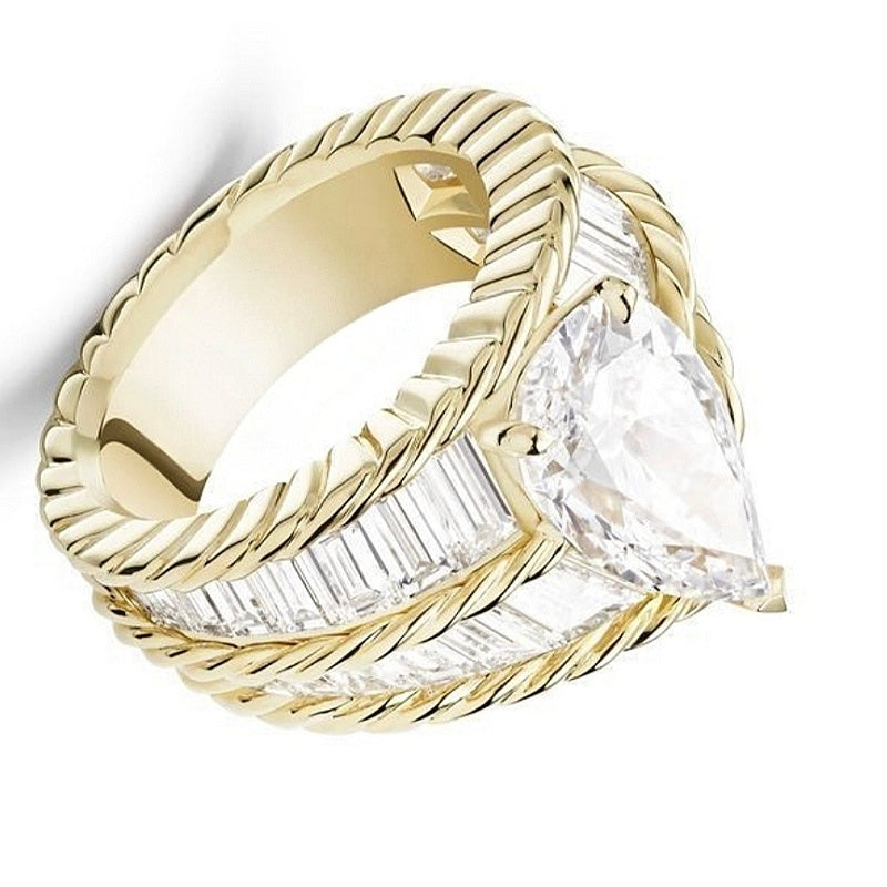 Jzora handmade classic pear-shaped textured gold frame sterling silver ring