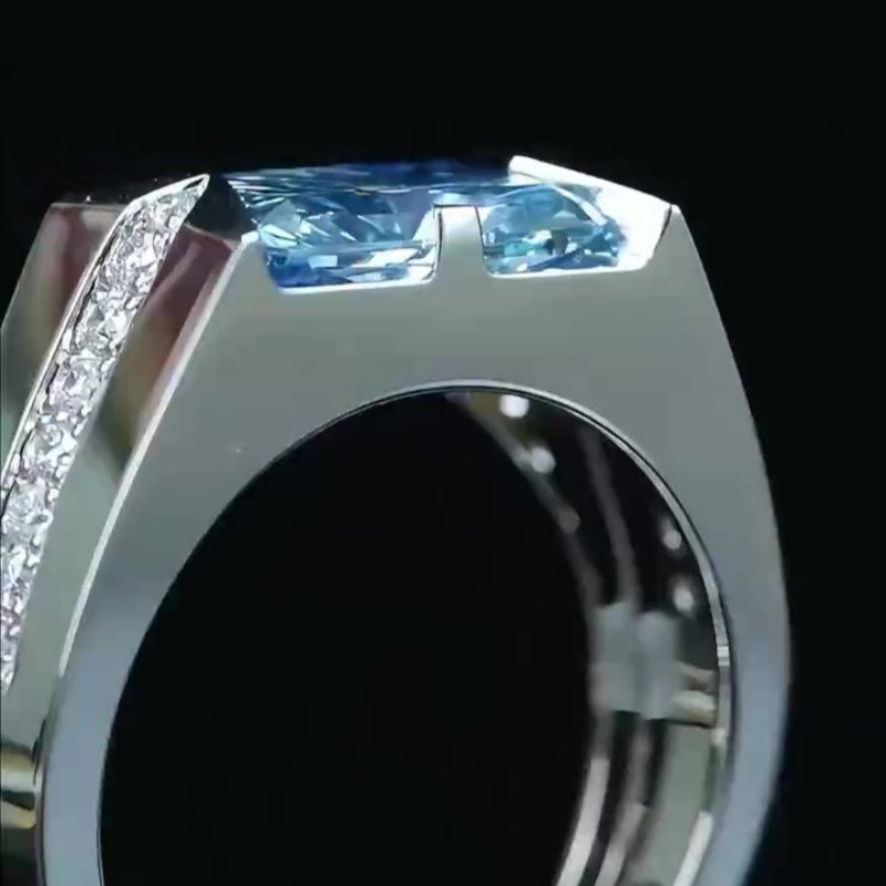 Jzora handmade radiant & luxury blue ice sterling silver men's ring