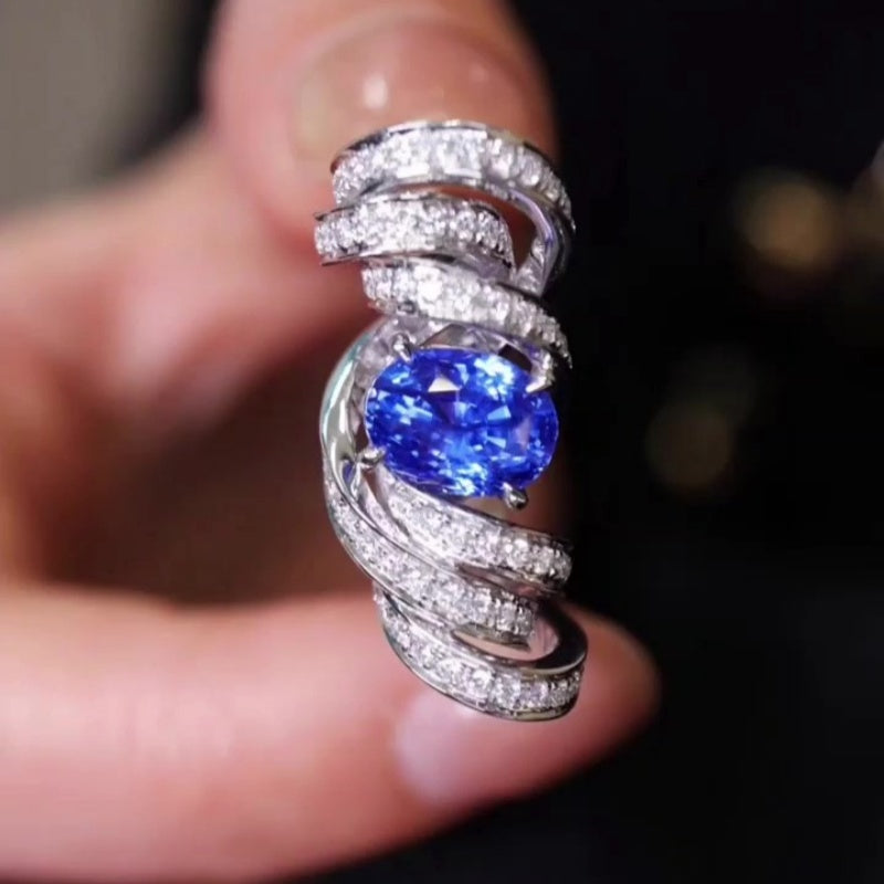 Jzora handmade ocean blaze sapphire wave sterling silver ring