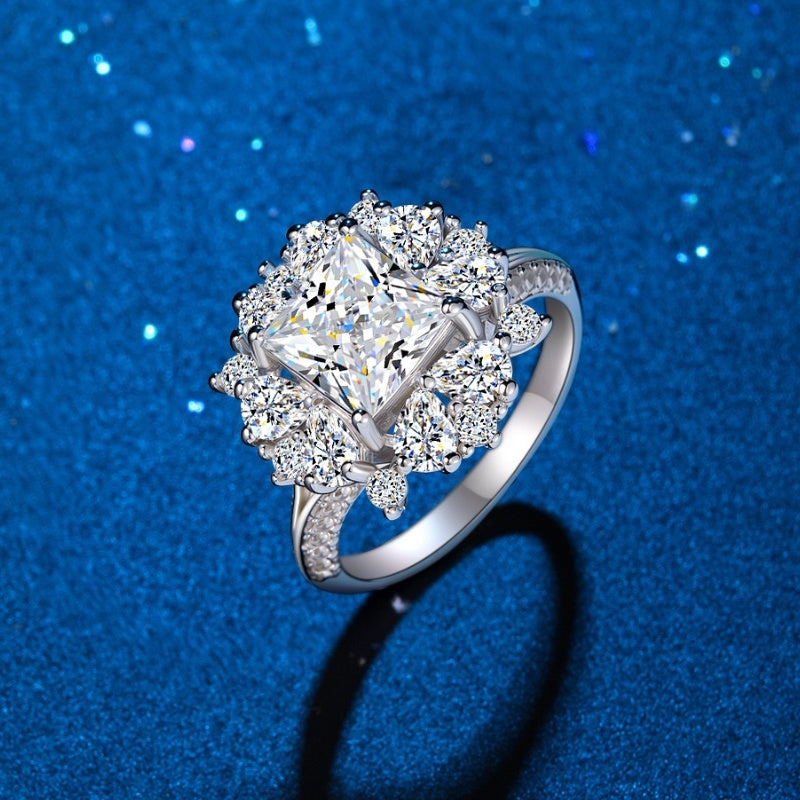 Jzora handmade 2ct princess cut moissanite floral-inspired halo sterling silver ring