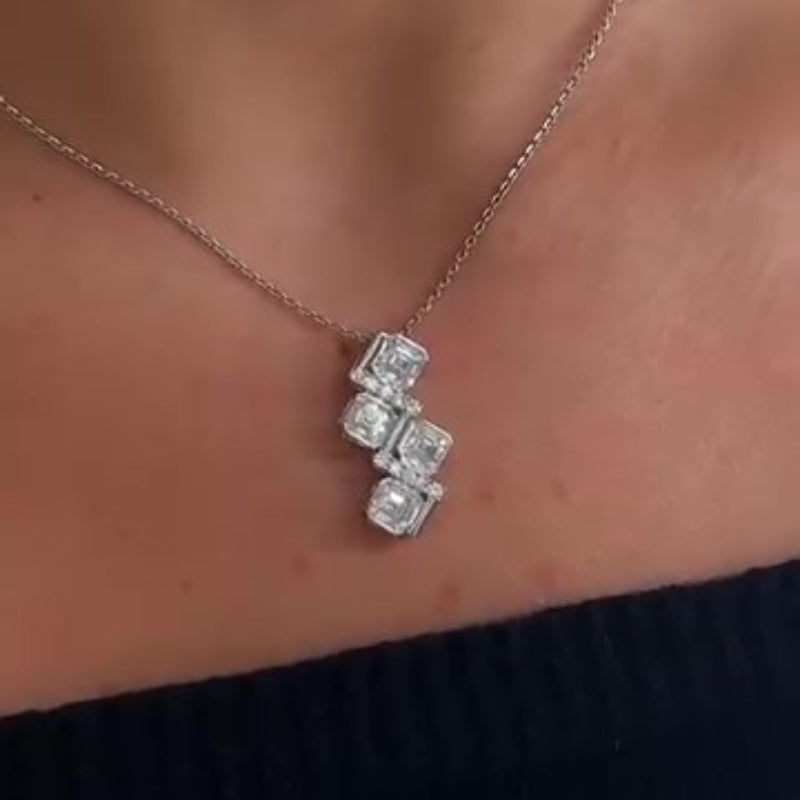 Jzora handmade white sparkling asscher& round cut sterling silver necklace