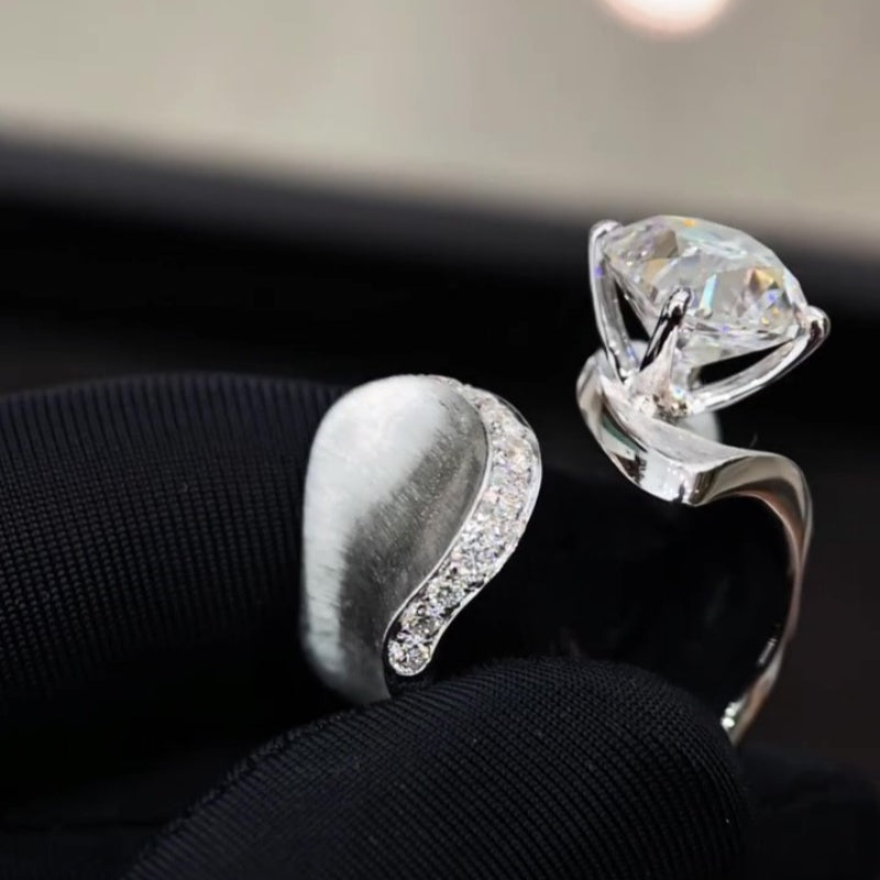 Jzora handmade eclipse wave cushion cut polished & brushed texture open band moissanite sterling silver ring