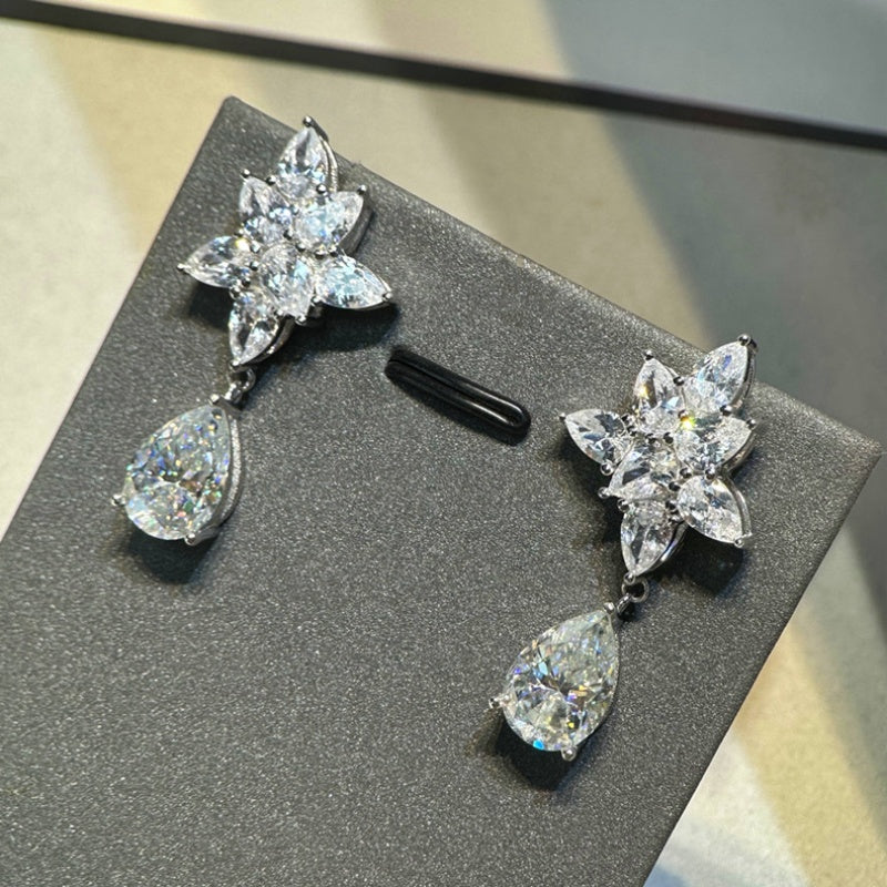 Jzora handmade elegant & glamorous pear cut floral teardrop sterling silver stud earrings