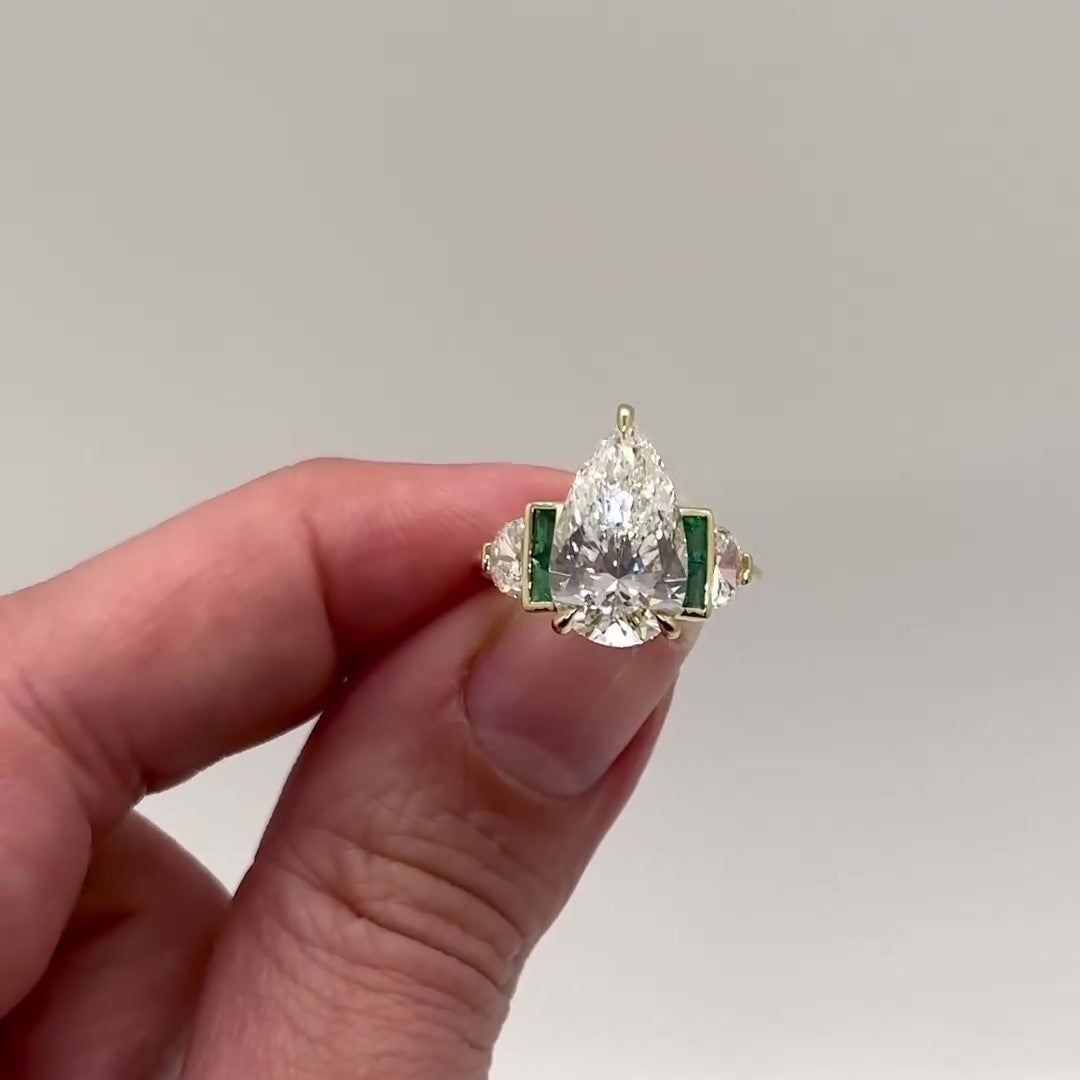 Jzora handmade gold-color pear cut with emerald accents sterling silver ring
