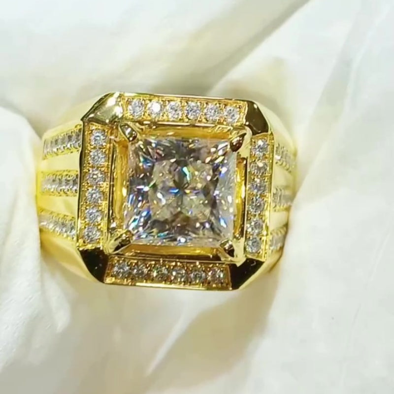 Jzora handmade luxury gold-tone princess cut halo sparkle wide band men's ring