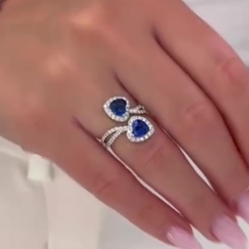 Jzora handmade elegant sapphire heart duo halo sterling silver ring