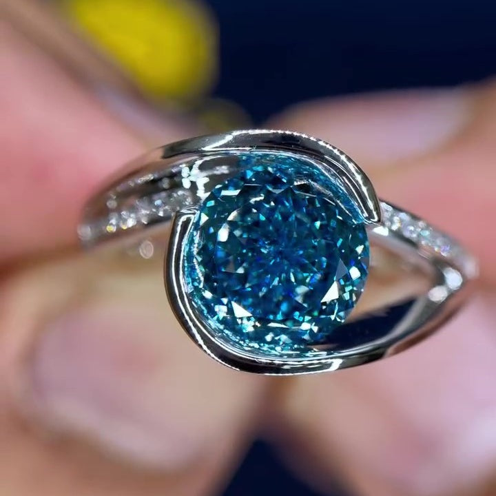 Jzora handmade 3ct blue topaz round cut unique sterling silver ring