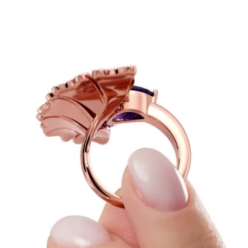 Jzora handmade peacock-inspired fan-like fantasy sterling silver cocktail ring