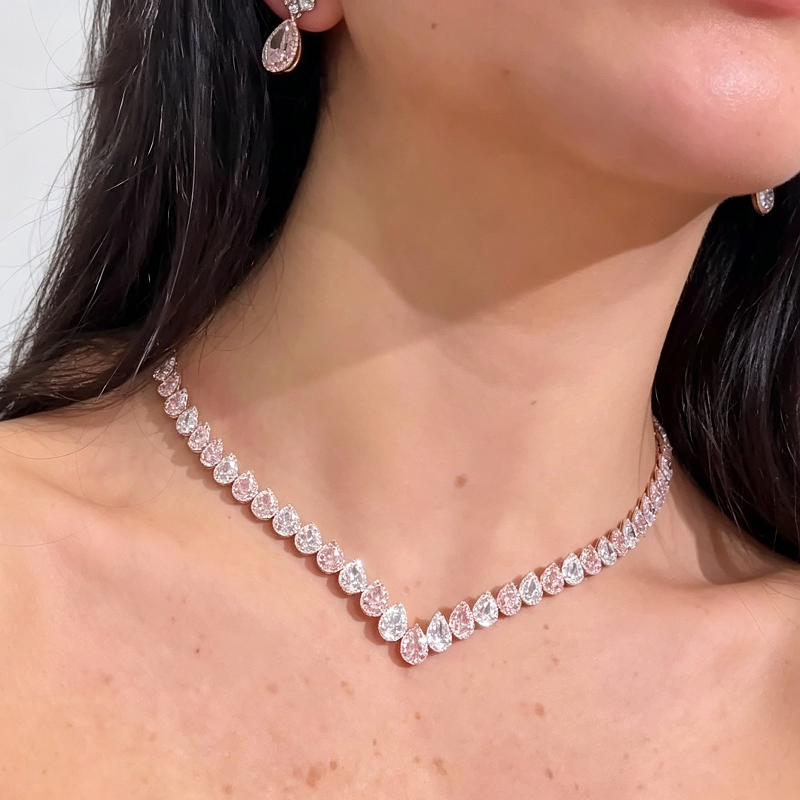 Jzora Handmade Elegant Alternating Pear Pink & Clear CZ Tennis Necklace