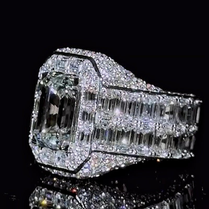 Jzora handmade bold baguette halo emerald-cut centerpiece wide band ring