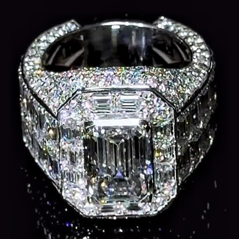 Jzora handmade bold baguette halo emerald-cut centerpiece wide band ring