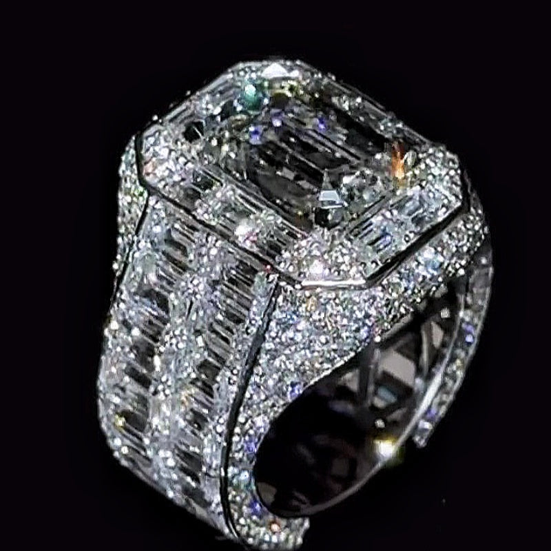 Jzora handmade bold baguette halo emerald-cut centerpiece wide band ring