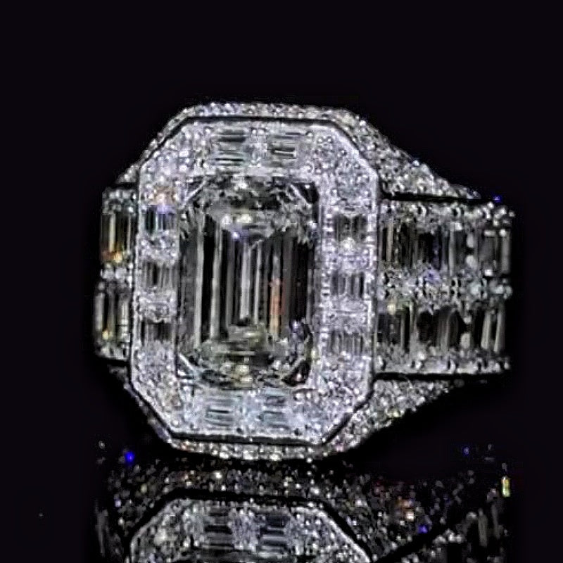 Jzora handmade bold baguette halo emerald-cut centerpiece wide band ring