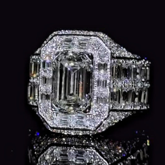 Jzora handmade bold baguette halo emerald-cut centerpiece wide band ring