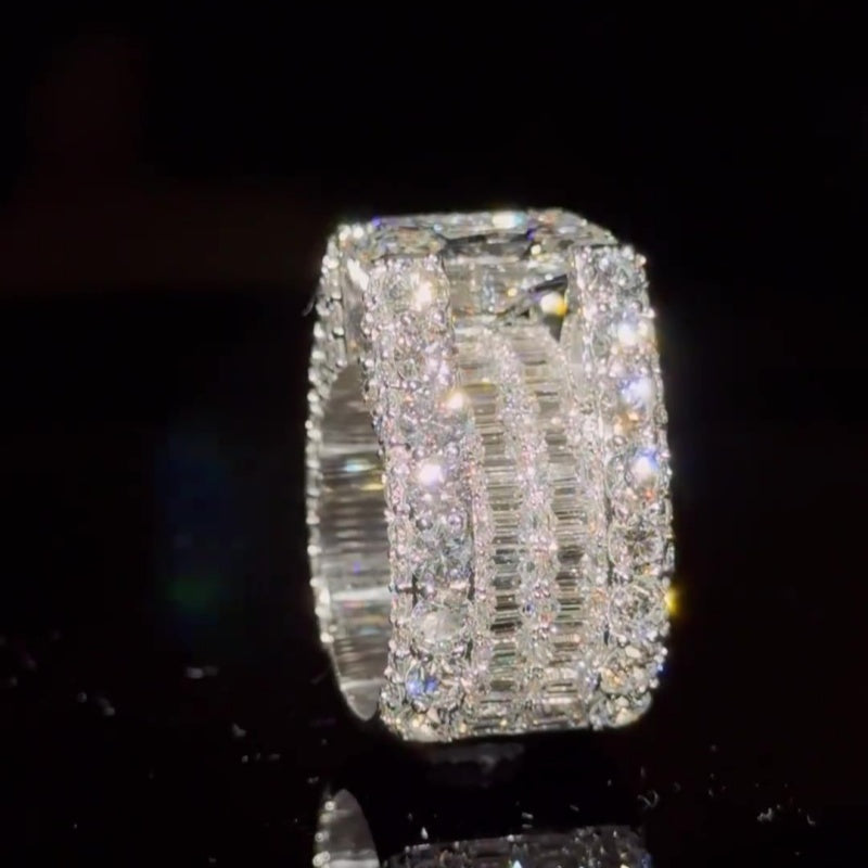 Jzora handmade dazzling glam empire radiant cut iced out wide band ring