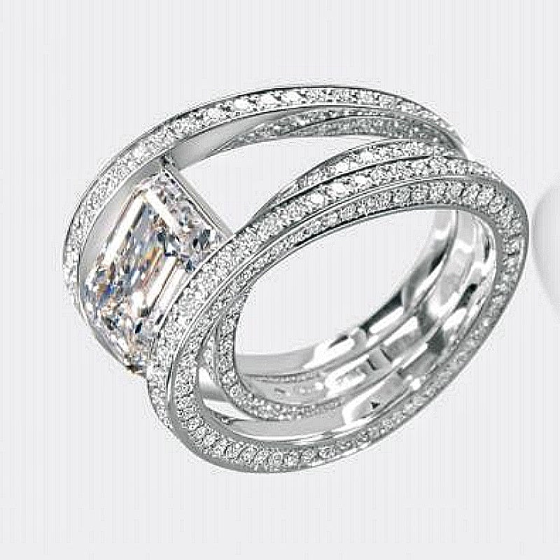 Jzora handmade emerald-cut overlapping moissanite 2pcs sterling silver ring